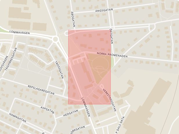 Karta som med röd fyrkant ramar in Västra Promenaden, Burlöv, Skåne län