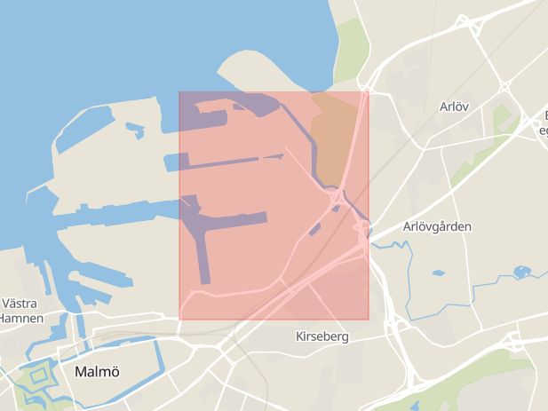 Karta som med röd fyrkant ramar in Västkustvägen, Malmö, Skåne län