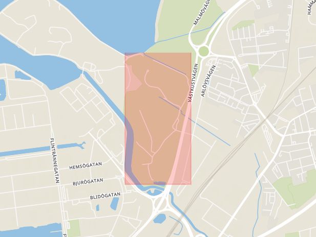 Karta som med röd fyrkant ramar in Spillepengen, Hakegatan, Malmö, Skåne län