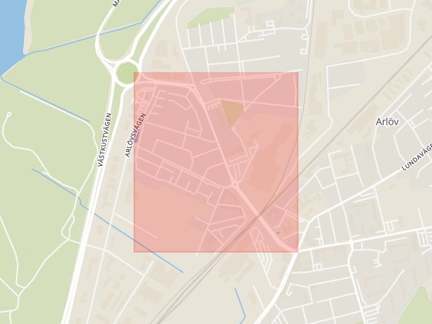 Karta som med röd fyrkant ramar in Arlöv, Lommavägen, Burlöv, Skåne län