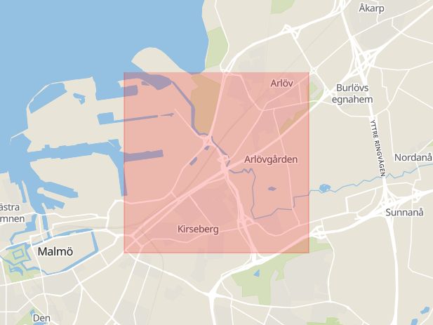 Karta som med röd fyrkant ramar in Lundavägen, Trafikplats Sege, Malmö, Skåne län