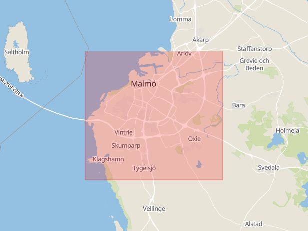 Karta som med röd fyrkant ramar in Hultsfred, Betalstationen, Landet, Malmö, Skåne län
