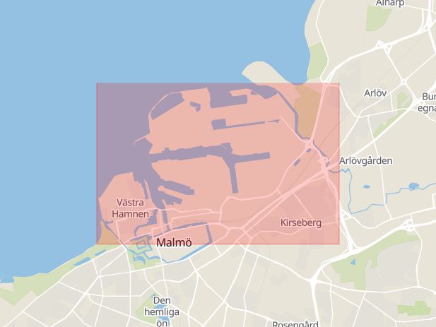 Karta som med röd fyrkant ramar in Östra Hamnen, Malmö, Skåne län