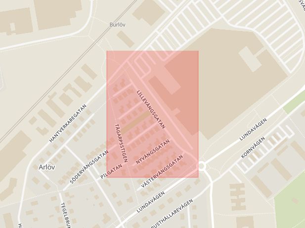 Karta som med röd fyrkant ramar in Lillevångsgatan, Burlöv, Skåne län