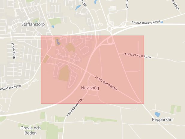Karta som med röd fyrkant ramar in Klågerupsvägen, Staffanstorp, Skåne län