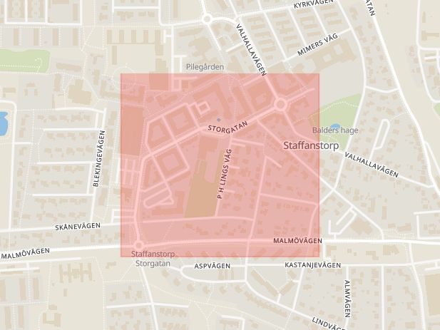 Karta som med röd fyrkant ramar in Storgatan, Staffanstorp, Skåne län