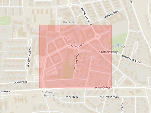 Karta som med röd fyrkant ramar in Storgatan, Staffanstorp, Skåne län