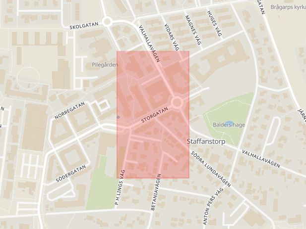 Karta som med röd fyrkant ramar in Storgatan, Lundsvägen, Staffanstorp, Skåne län