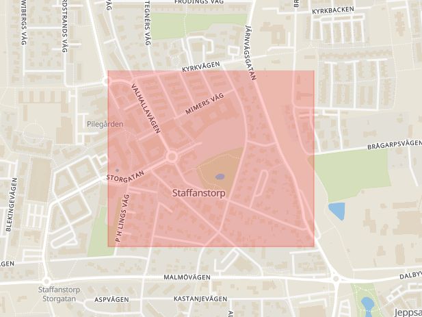 Karta som med röd fyrkant ramar in Valhallavägen, Staffanstorp, Skåne län