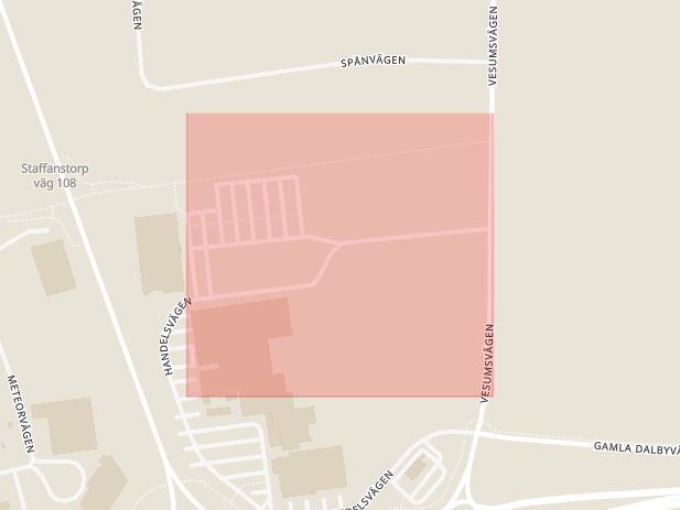 Karta som med röd fyrkant ramar in Barkvägen, Staffanstorp, Skåne län