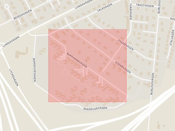 Karta som med röd fyrkant ramar in Rapphönevägen, Burlöv, Skåne län