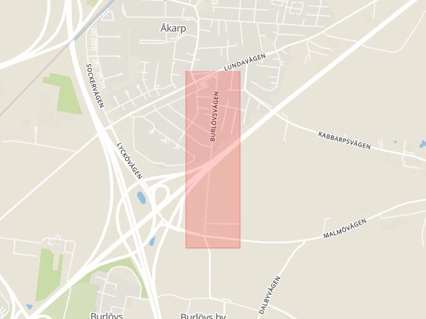 Karta som med röd fyrkant ramar in Burlövsvägen, Trafikplats Kronetorp, Burlöv, Skåne län