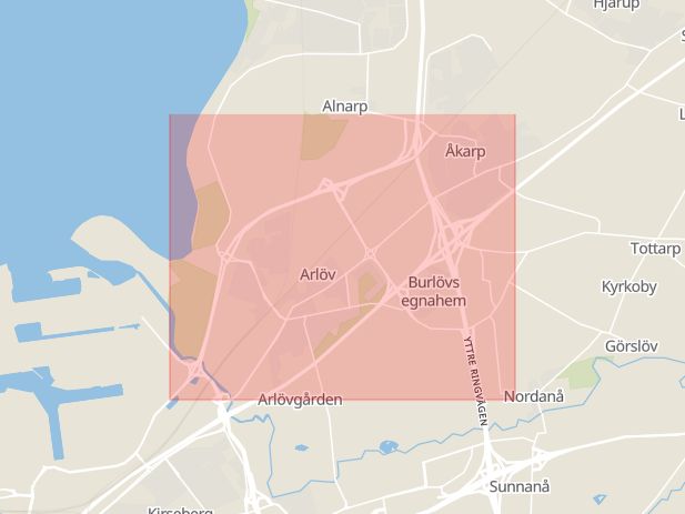 Karta som med röd fyrkant ramar in Arlöv, Orange, Burlöv, Skåne län