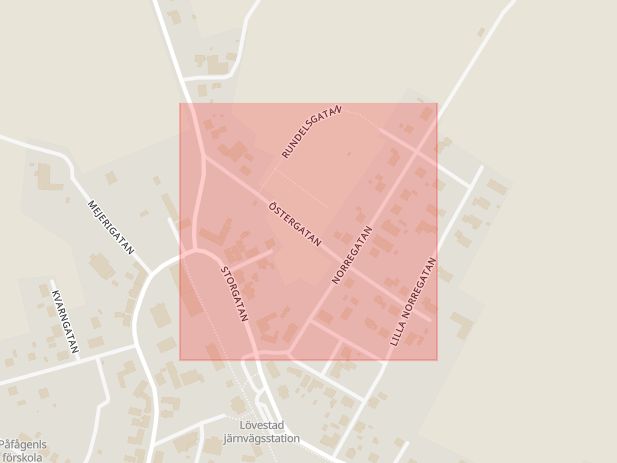 Karta som med röd fyrkant ramar in Lövestad, Östergatan, Sjöbo, Skåne län