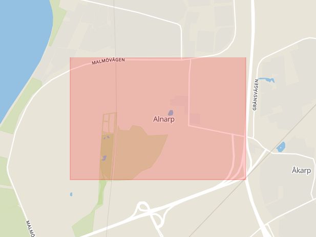 Karta som med röd fyrkant ramar in Alnarp, Lomma, Skåne län