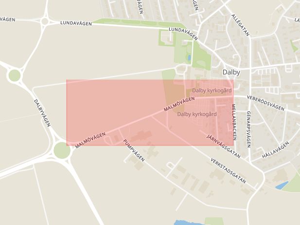Karta som med röd fyrkant ramar in Dalby, Malmövägen, Genarpsvägen, Lund, Skåne län