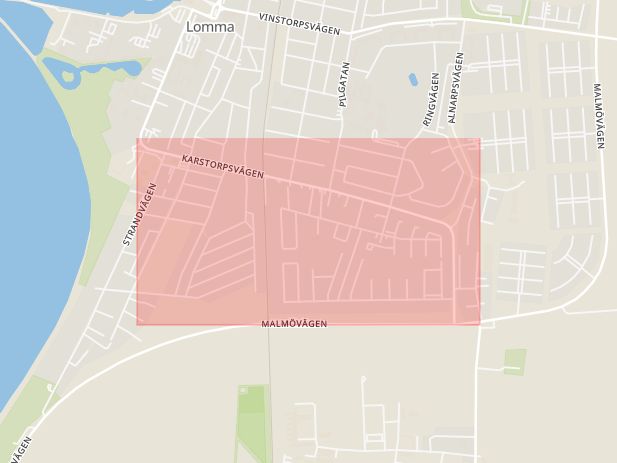 Karta som med röd fyrkant ramar in Karstorpsvägen, Lomma, Skåne län