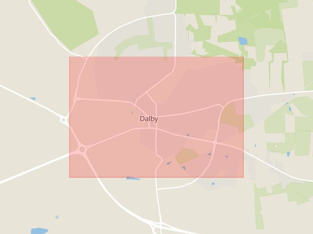 Karta som med röd fyrkant ramar in Dalby, Staffanstorp, Lund, Skåne län