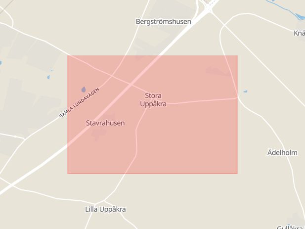Karta som med röd fyrkant ramar in Uppåkra, Lund, Skåne län
