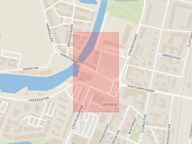 Karta som med röd fyrkant ramar in Hamntorget, Lomma, Skåne län