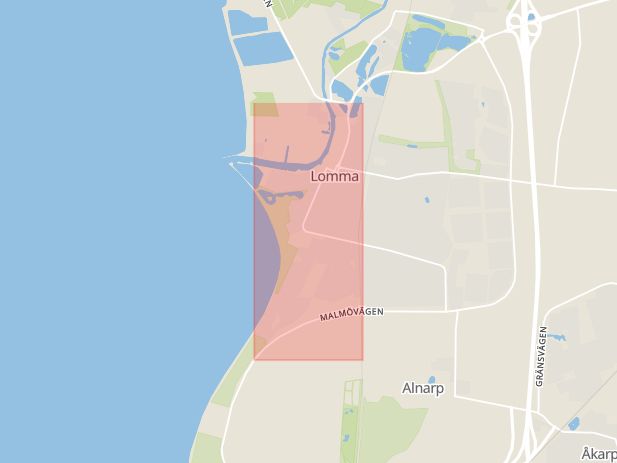 Karta som med röd fyrkant ramar in Strandvägen, Lomma, Skåne län