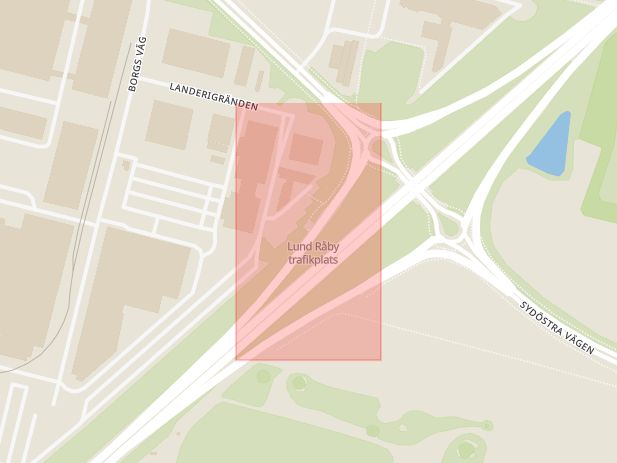 Karta som med röd fyrkant ramar in Trafikplats Råby, Lund, Skåne län