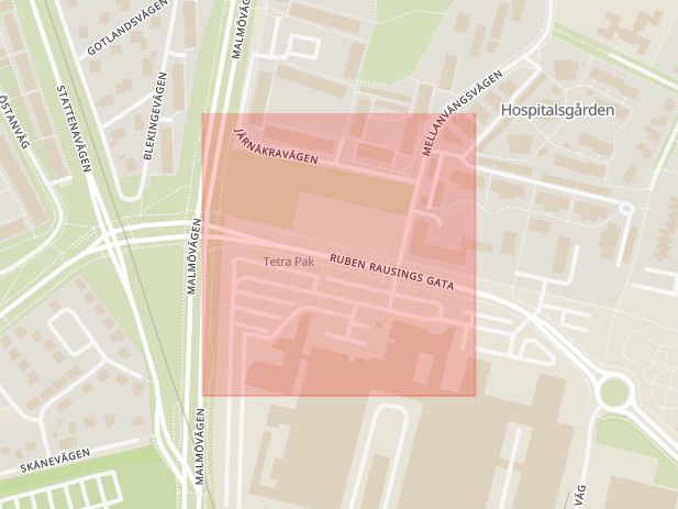 Karta som med röd fyrkant ramar in Ruben Rausings Gata, Lund, Skåne län