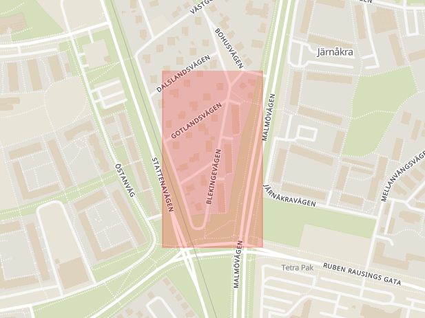 Karta som med röd fyrkant ramar in Blekingevägen, Lund, Skåne län
