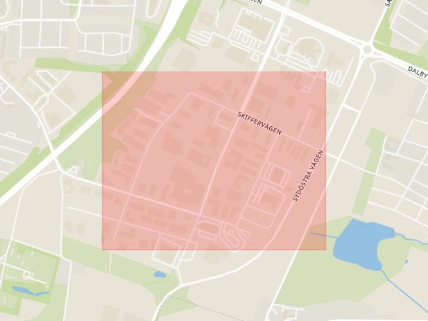 Karta som med röd fyrkant ramar in Skiffervägen, Höstbruksvägen, Svanevägen, Stadsparken, Lund, Skåne län