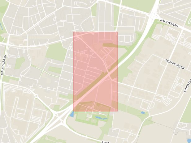Karta som med röd fyrkant ramar in Råbyvägen, Lund, Skåne län