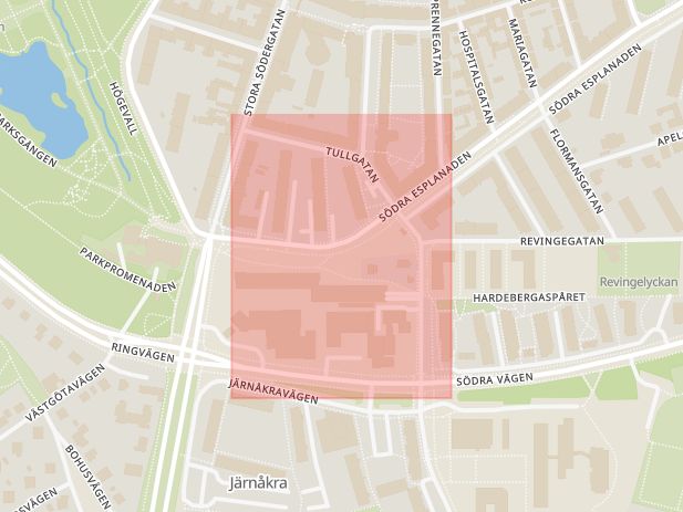 Karta som med röd fyrkant ramar in Tullgatan, Lund, Skåne län