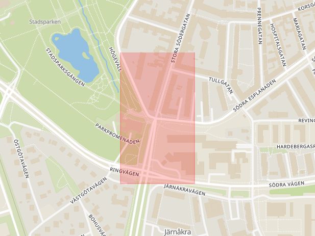 Karta som med röd fyrkant ramar in Stora Södergatan, Södra Esplanaden, Lund, Skåne län