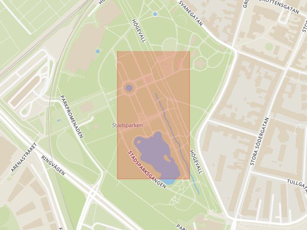 Karta som med röd fyrkant ramar in Stadsparken, Stadsparksgatan, Lund, Skåne län