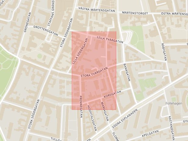 Karta som med röd fyrkant ramar in Bankgatan, Stora Tvärgatan, Lund, Skåne län