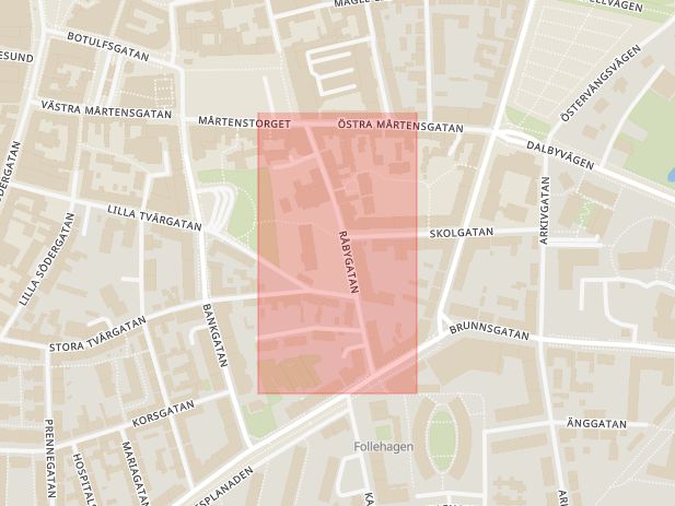 Karta som med röd fyrkant ramar in Råbygatan, Lund, Skåne län