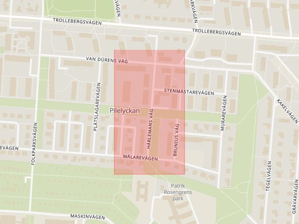 Karta som med röd fyrkant ramar in Miljöhus, Hårlemans Väg, Tegel, Lund, Skåne län