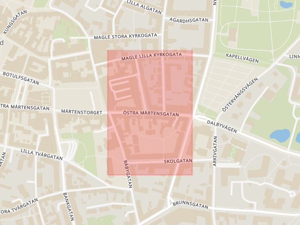 Karta som med röd fyrkant ramar in Östra Mårtensgatan, Lund, Skåne län