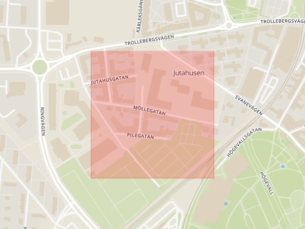 Karta som med röd fyrkant ramar in Möllegatan, Lund, Skåne län
