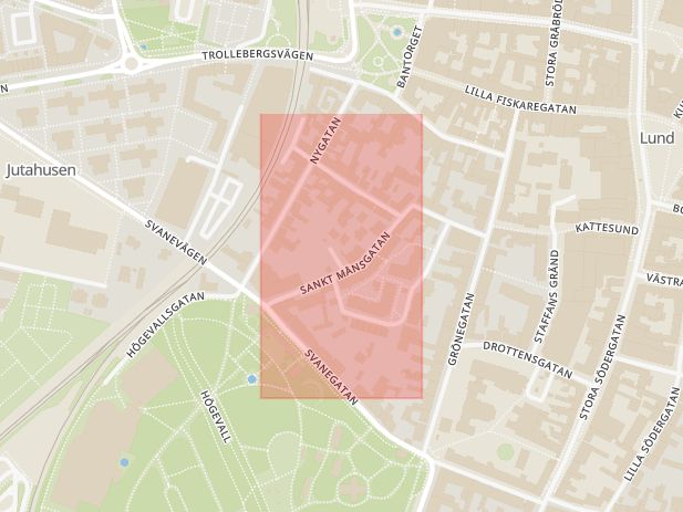 Karta som med röd fyrkant ramar in Sankt Månsgatan, Lund, Skåne län