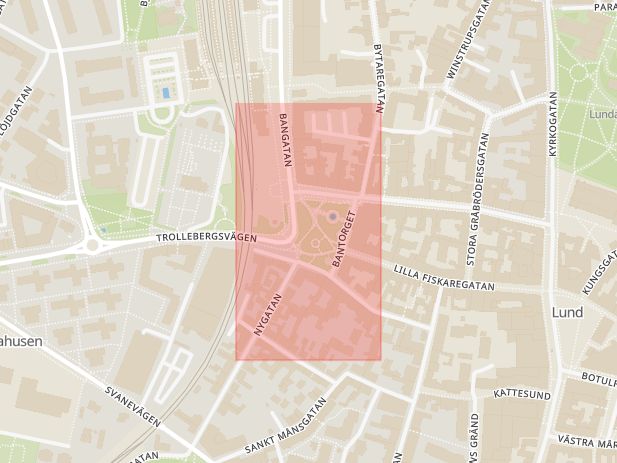 Karta som med röd fyrkant ramar in Bantorget, Vila, Lund, Skåne län