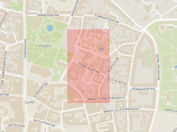 Karta som med röd fyrkant ramar in Stora Algatan, Lund, Skåne län