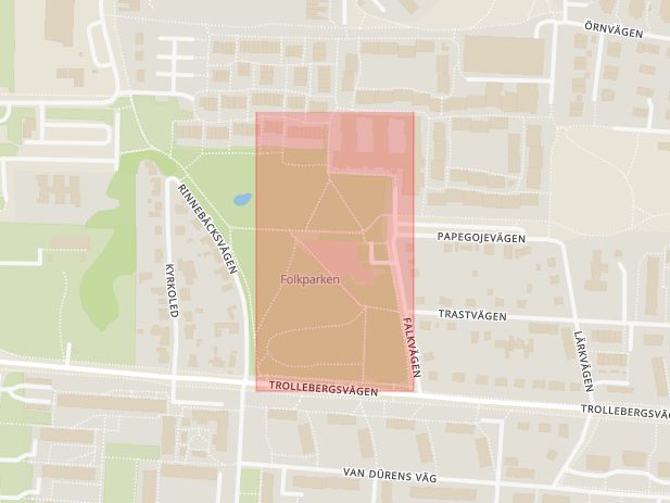 Karta som med röd fyrkant ramar in Folkets Park, Falkgatan, Lund, Skåne län