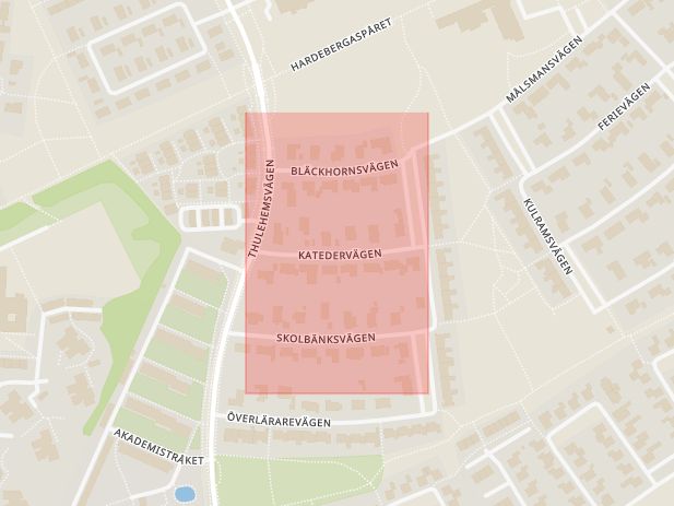 Karta som med röd fyrkant ramar in Mårtens Fälad, Katedervägen, Lund, Skåne län