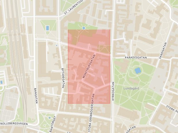 Karta som med röd fyrkant ramar in Winstrupsgatan, Lund, Skåne län