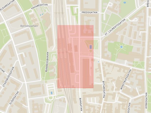 Karta som med röd fyrkant ramar in Lund Centralstation, Lund, Skåne län