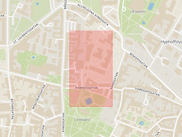 Karta som med röd fyrkant ramar in Paradisgatan, Malmö, Lund, Skåne län