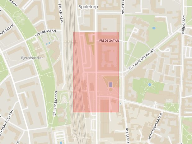 Karta som med röd fyrkant ramar in Bangatan, Clemenstorget, Lund, Skåne län