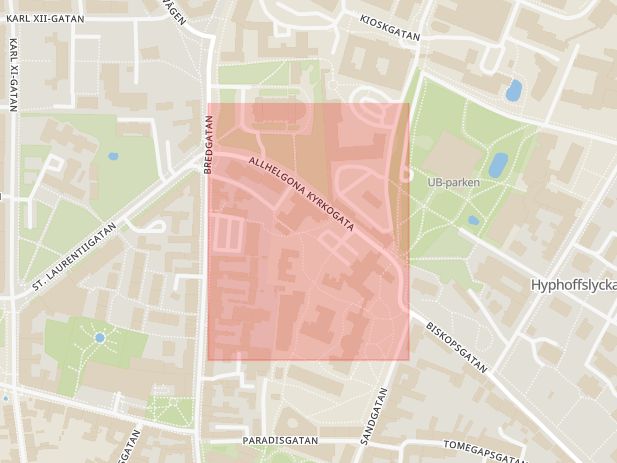 Karta som med röd fyrkant ramar in Allhelgona Kyrkogata, Lund, Skåne län