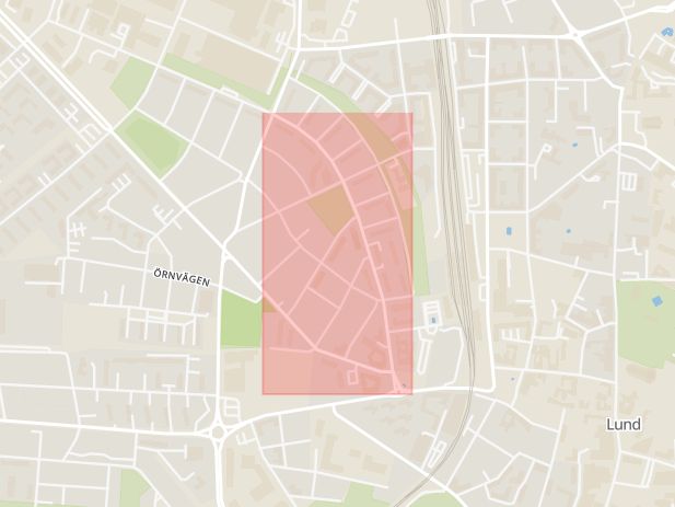 Karta som med röd fyrkant ramar in Byggmästaregatan, Lund, Skåne län