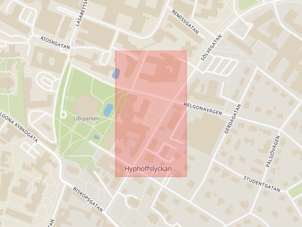 Karta som med röd fyrkant ramar in Helgonabacken, Lund, Skåne län